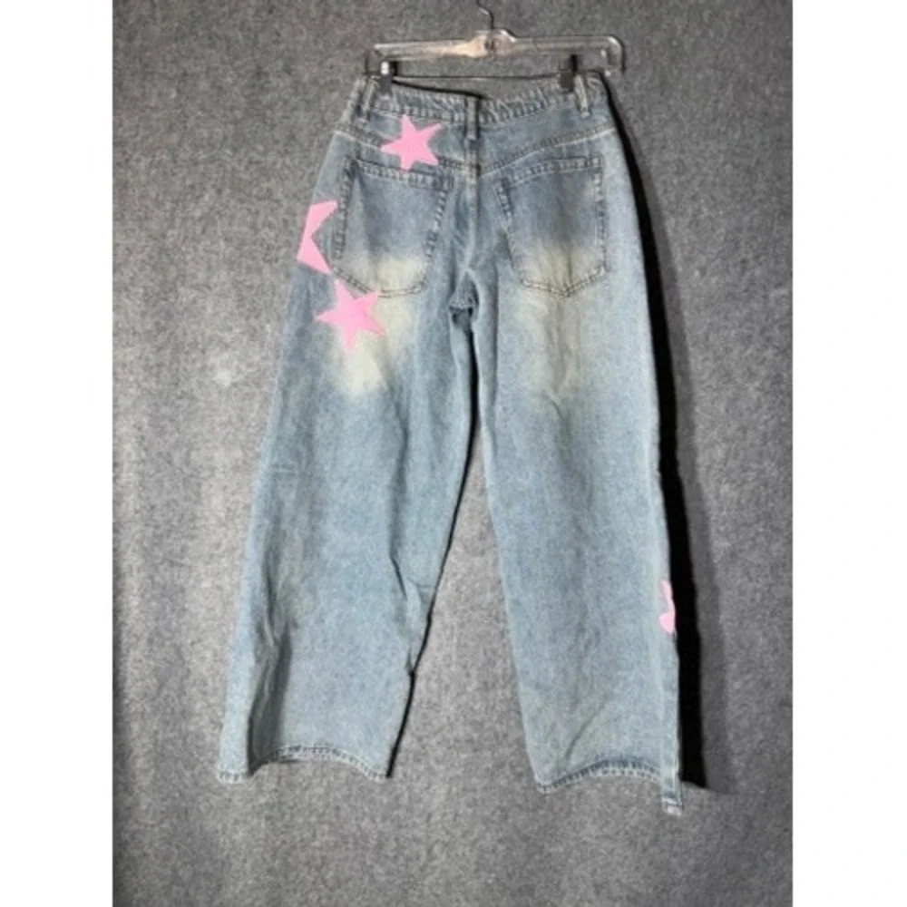 Edikted Trish Satin Effect Pink Stars Low Rise Wide Leg Baggy Jean Light Blue XS